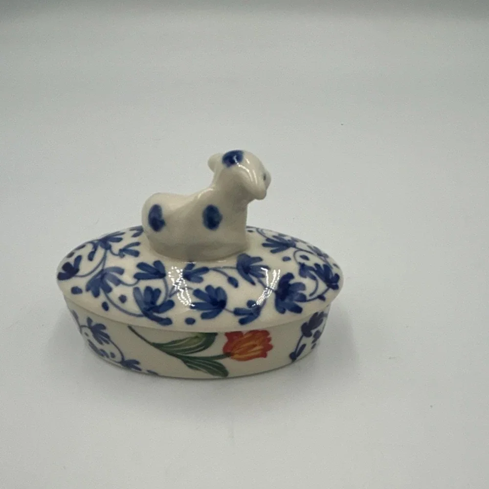 Vintage Delfts Holland Hand painted Floral Oval Trinket Box cow